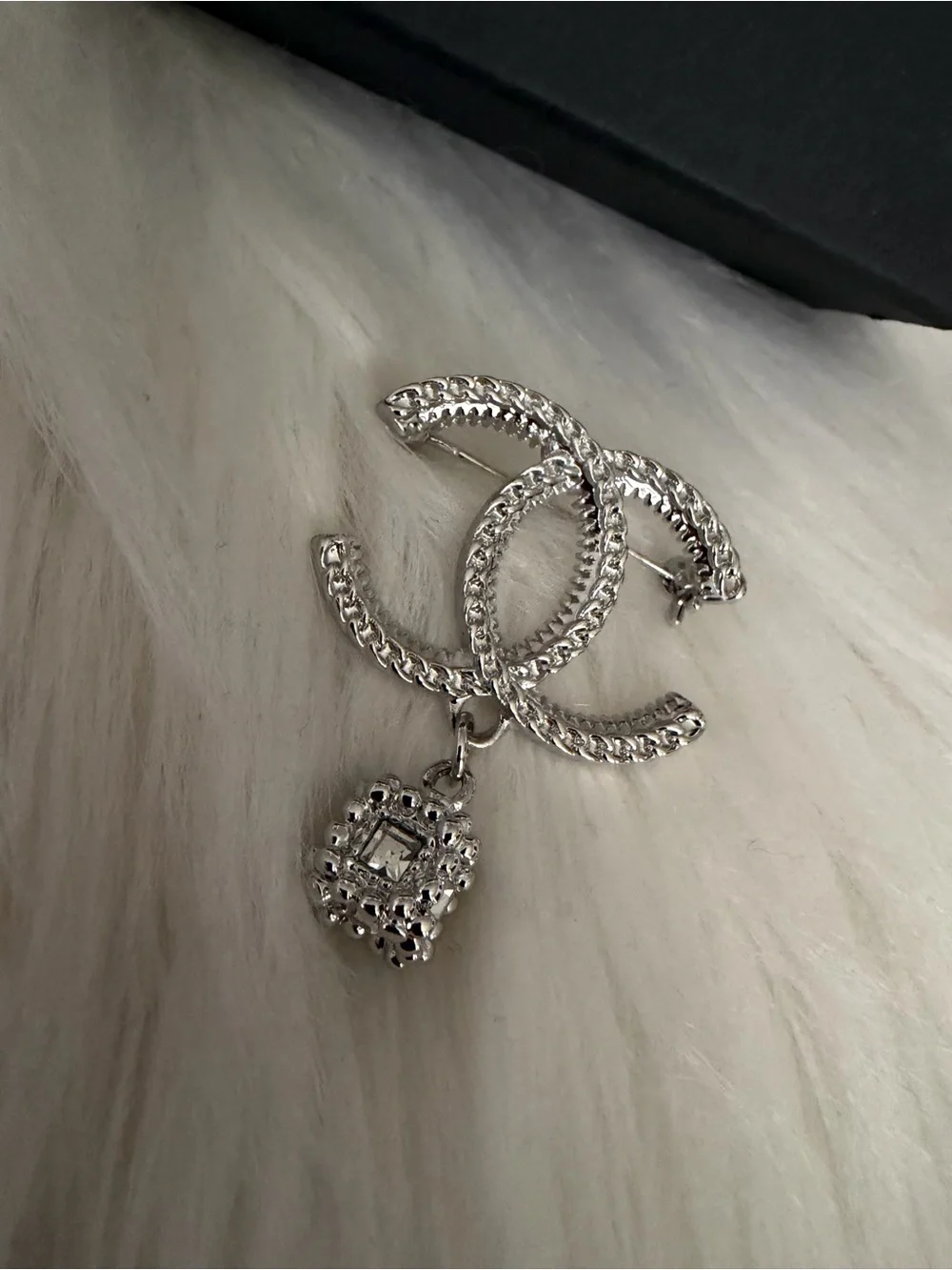 CHANEL Silver Crystal CC Logo Pendant Brooch